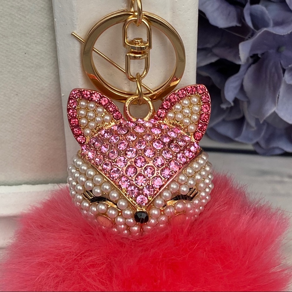 Crystal & Pearl Fox Hot Pink Pom Pom Keychain - Picture 6 of 15